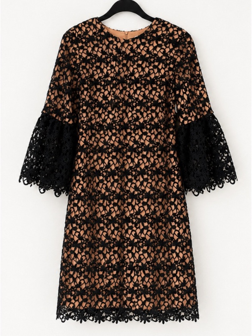Dress the Population Black Lace Overlay with Nude Lining Bell Sleeve Dress